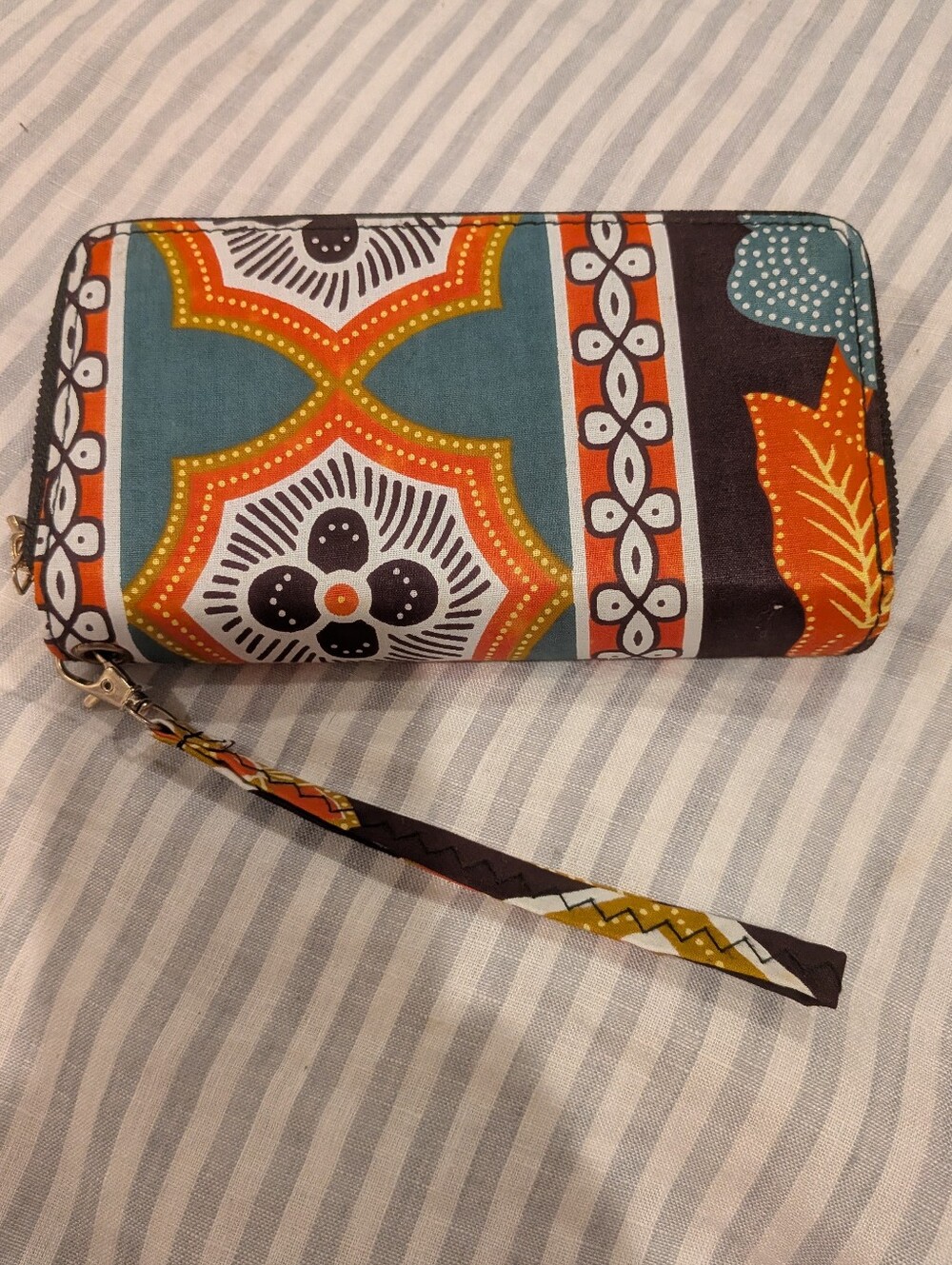 African Cloth Patterned Zip Wristlet Wallet in Teal, Orange, Black